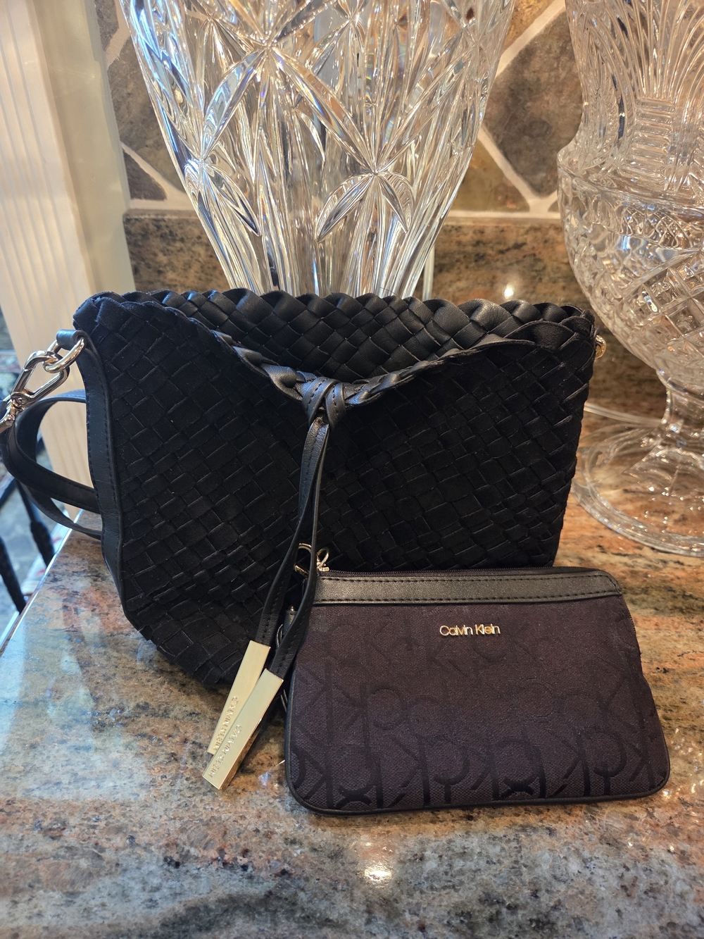 Calvin Klein Black Woven Crossbody And Wristlet